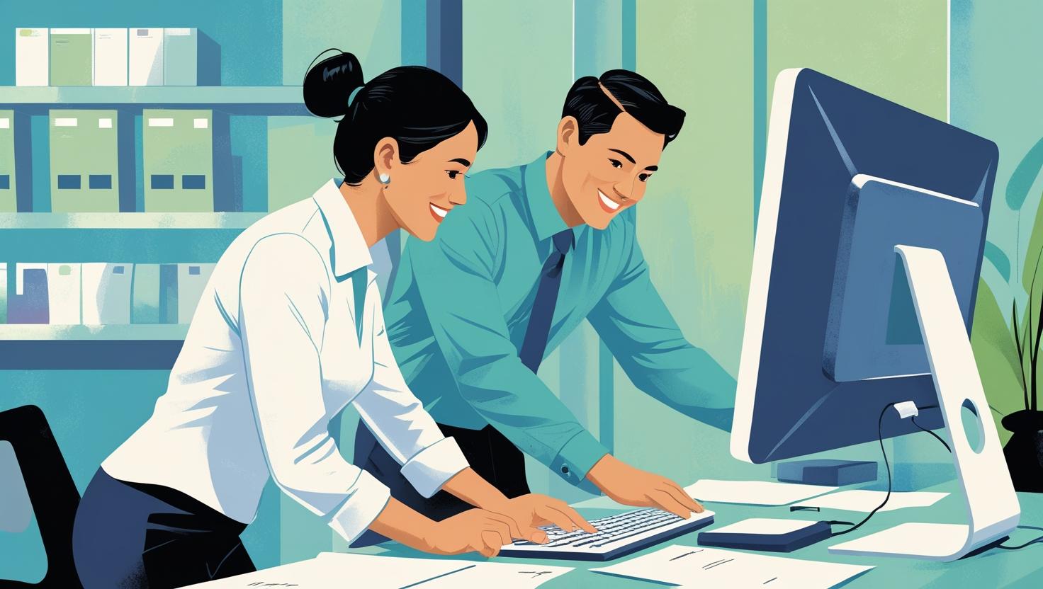 사무 직원 남녀가 PC 앞에서 미환급금 조회를 하고 있는 모습