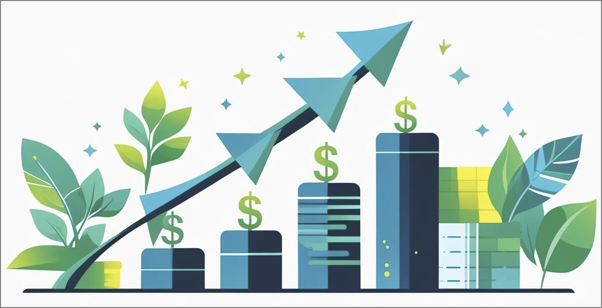 CMA 통장, 상승하는 막대그래프 위로 상승 화살표를 표시한 모습