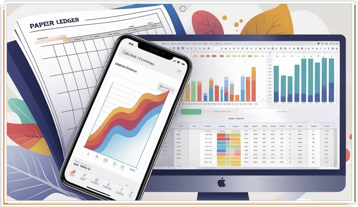 종이 가계부 모바일 가계부 앱 PC 모니터에 엑셀 가계부를 펼쳐 놓은 모습