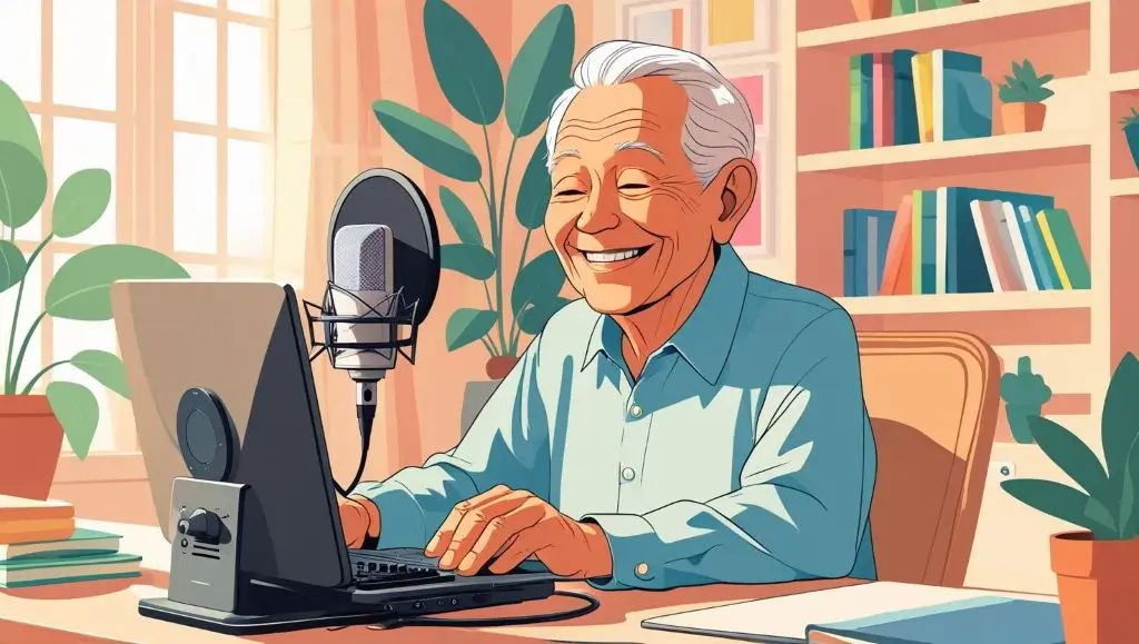 시니어가 pc 앞에서 유튜브 방송을 하며 인생 경험을 얘기하고 있는 모습