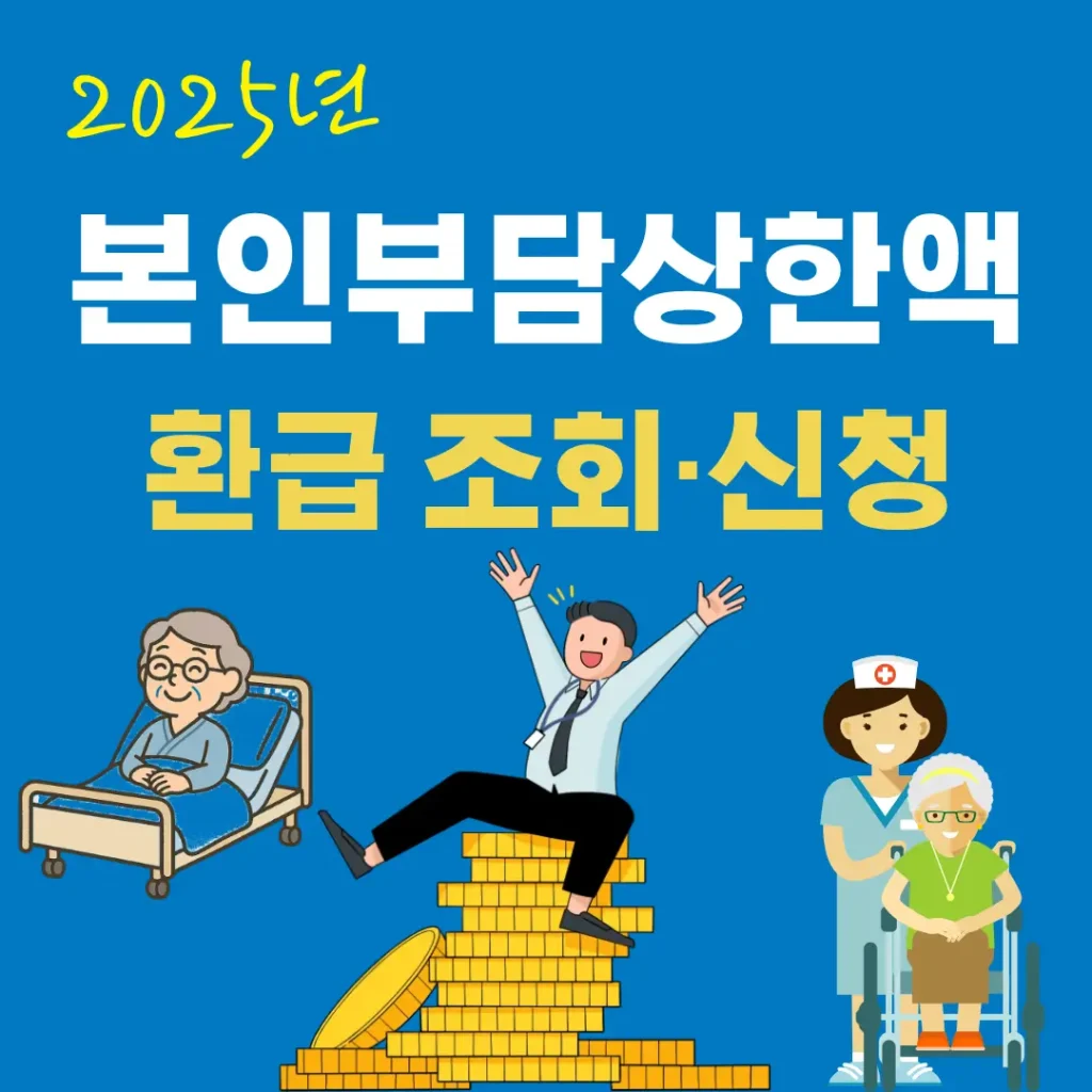 본인부담상한액 환급 조회 신청 문구 아래에 병원 침대에 누워있고 휠체어에 않아있고 환급받아 환호하는 남자