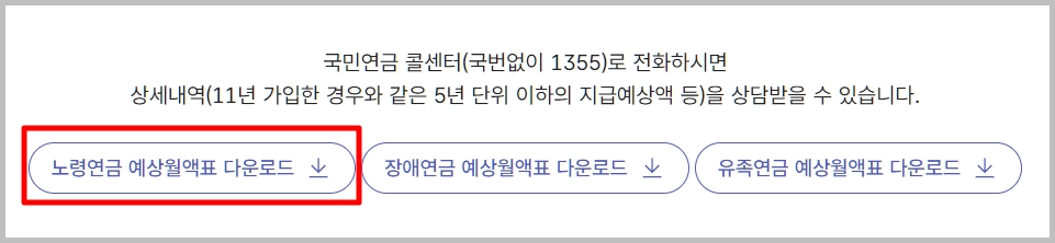 노령연금 예상월액표 다운로드, 출처: 국민연금공단