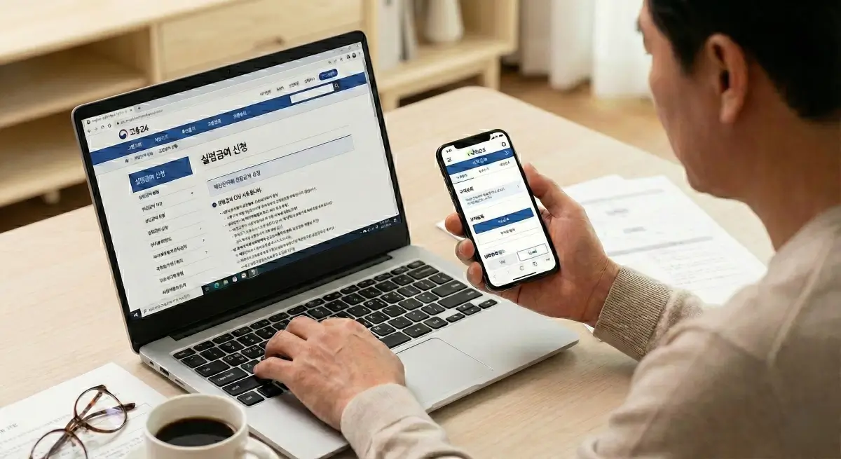 고용24 홈페이지를 통해 실업급여를 신청하는 모습