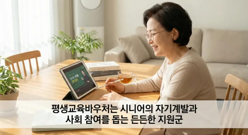 평생교육바우처를 활용해 디지털 기기로 온라인 강의를 수강하며 배움을 즐기는 시니어 학습자 모습