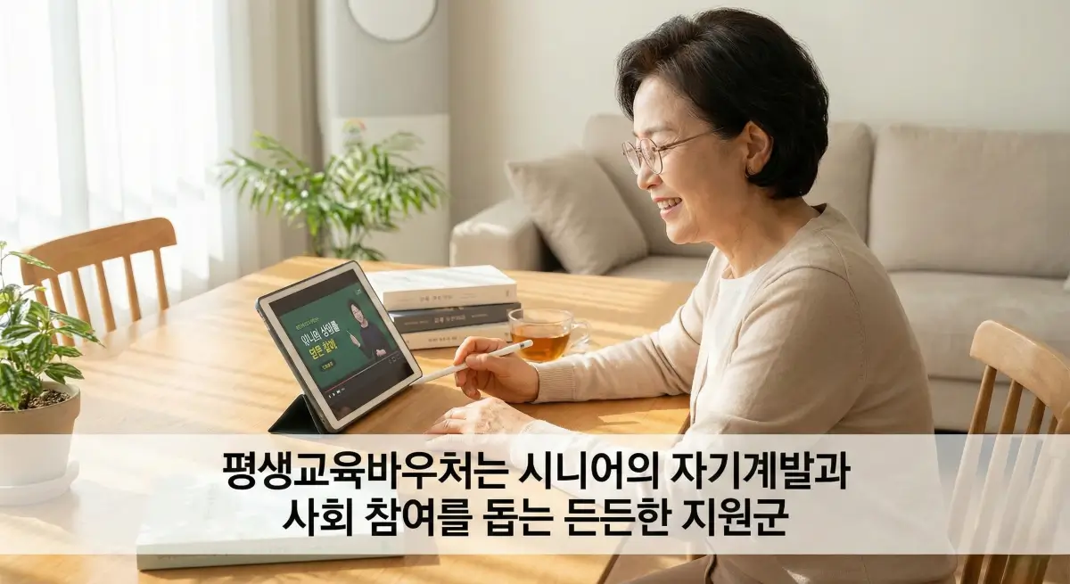 평생교육바우처를 활용해 디지털 기기로 온라인 강의를 수강하며 배움을 즐기는 시니어 학습자 모습