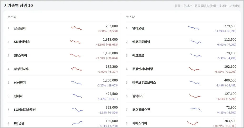 시가총액 상위 코스피 코스닥 종목